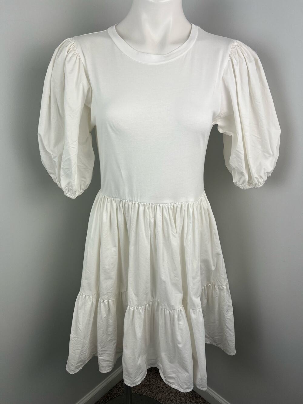 En Saison White 100% Cotton White Puff Sleeve Mini Dress Large